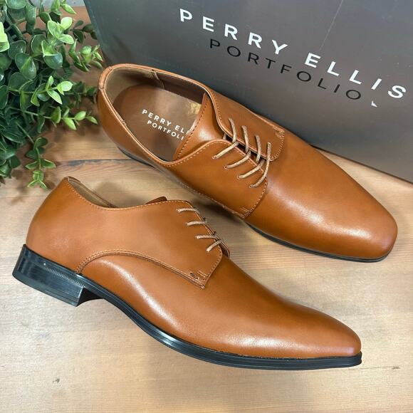 Perry Ellis Portfolio Men's Brown Leather Oxfords Shoes Size 10 - Picture 1 of 7